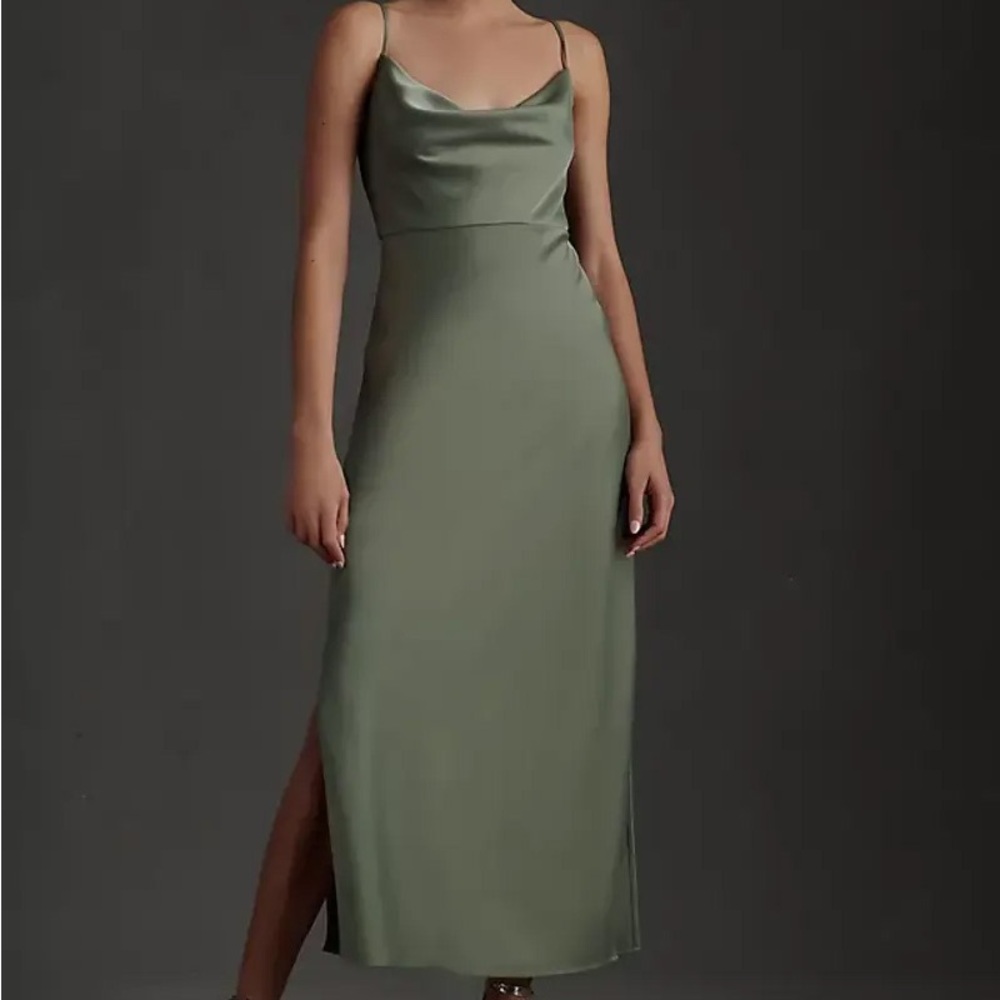 BHLDN Satin Cowl Neck Slip Dress in Olive